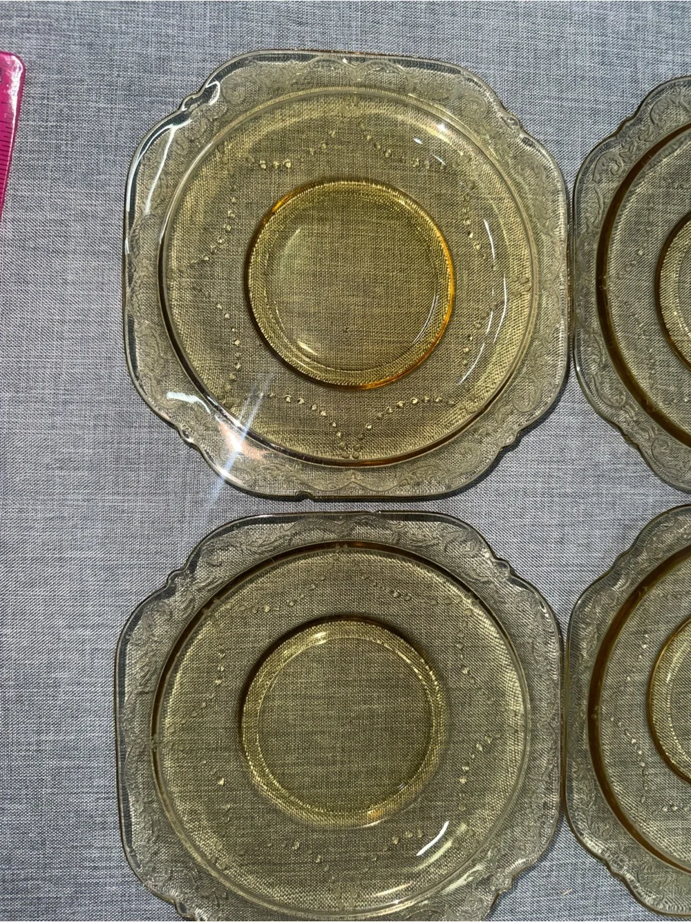 Set of 4 Vintage Amber Depression Glass Saucers Scroll Border Square